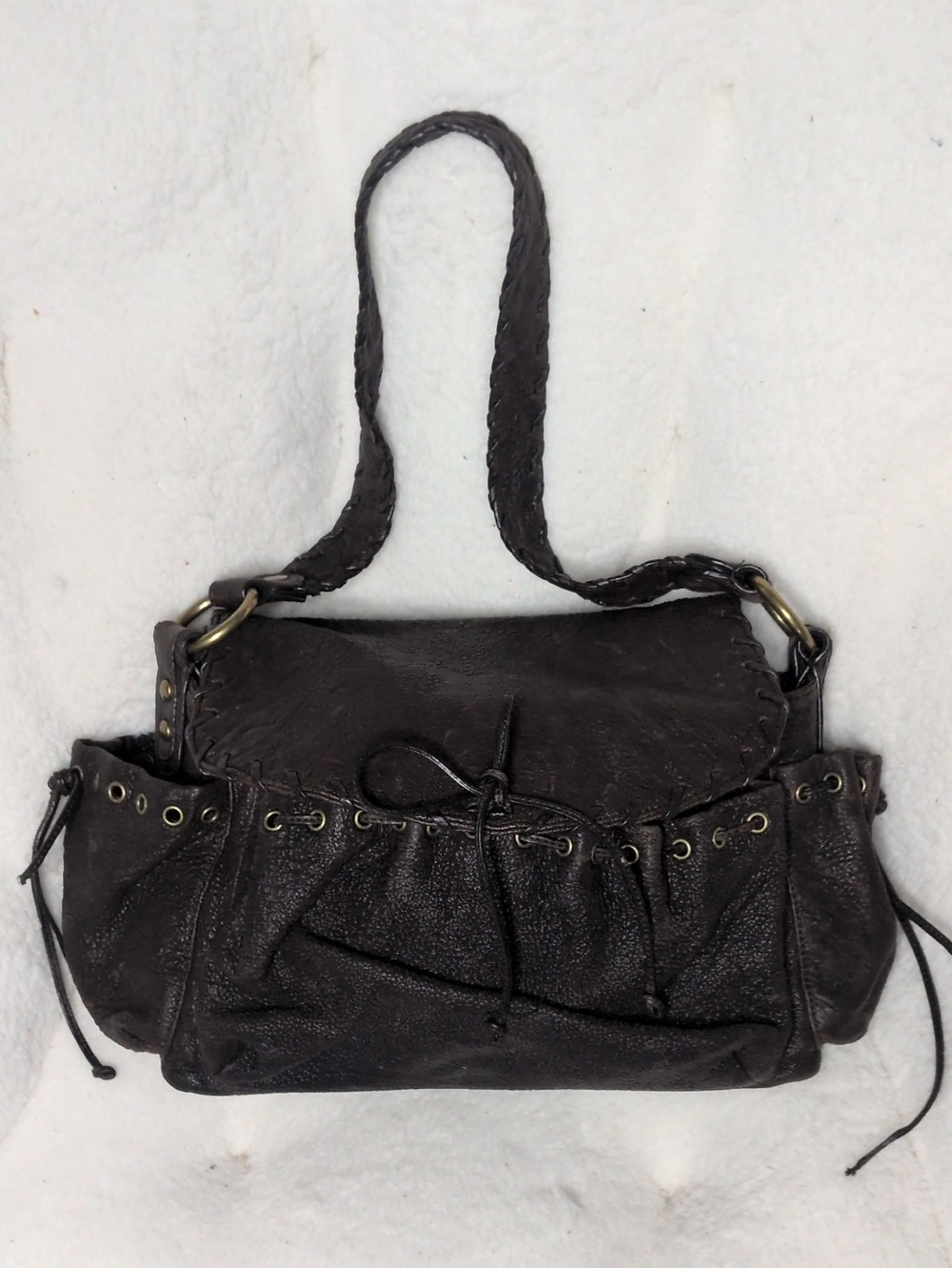Kooba Soft Pebbled Dark Brown Braided-Handle Leather Shoulder Bag